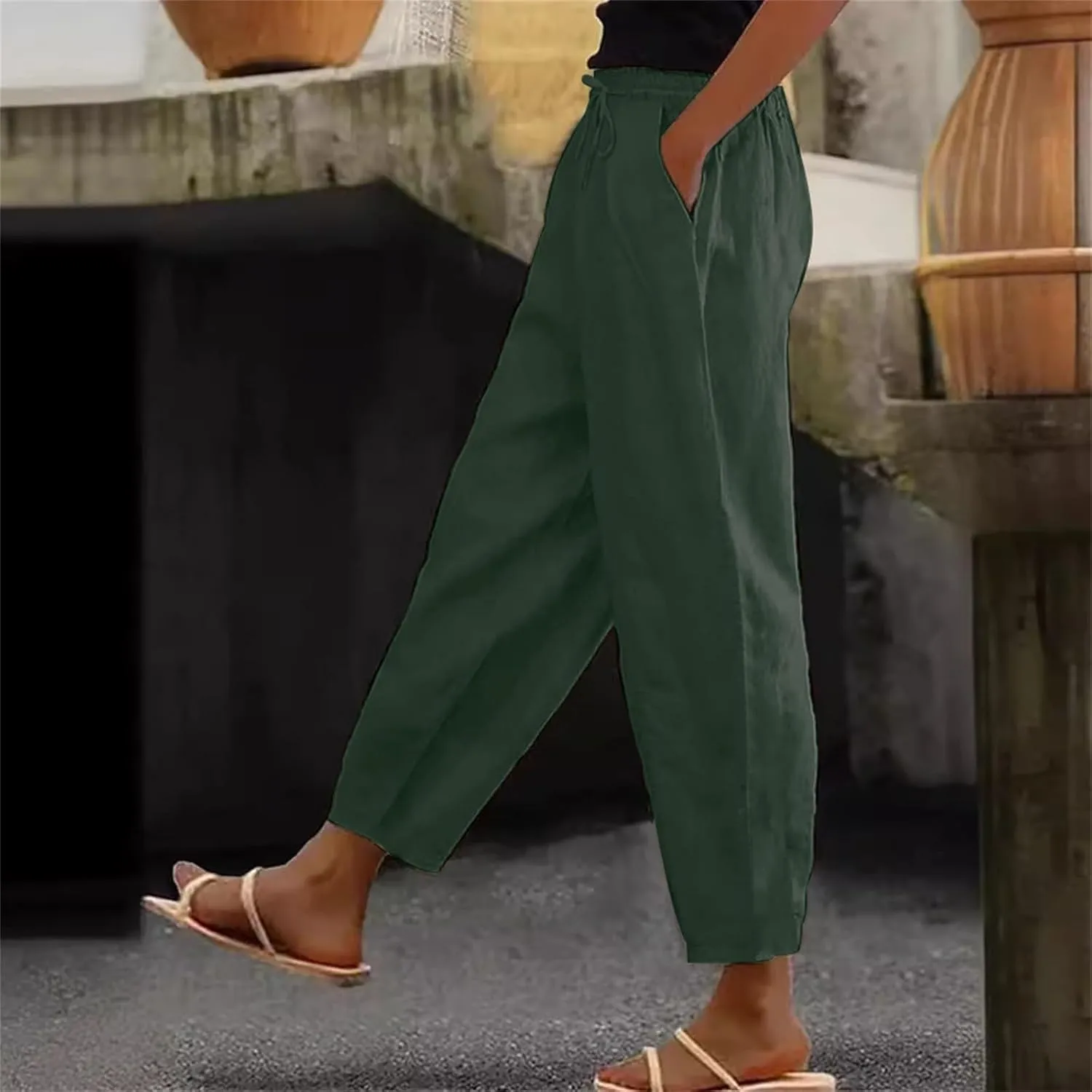 Women's Linen Pants Casual Side Button Linen Beach Pants Women Elastic Waisted Linen Pant Trousers with Pockets