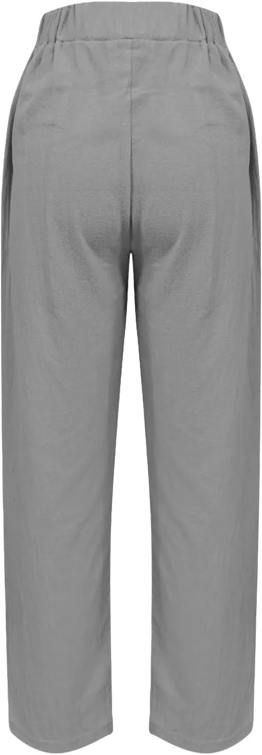 Women's Linen Pants Casual Side Button Linen Beach Pants Women Elastic Waisted Linen Pant Trousers with Pockets