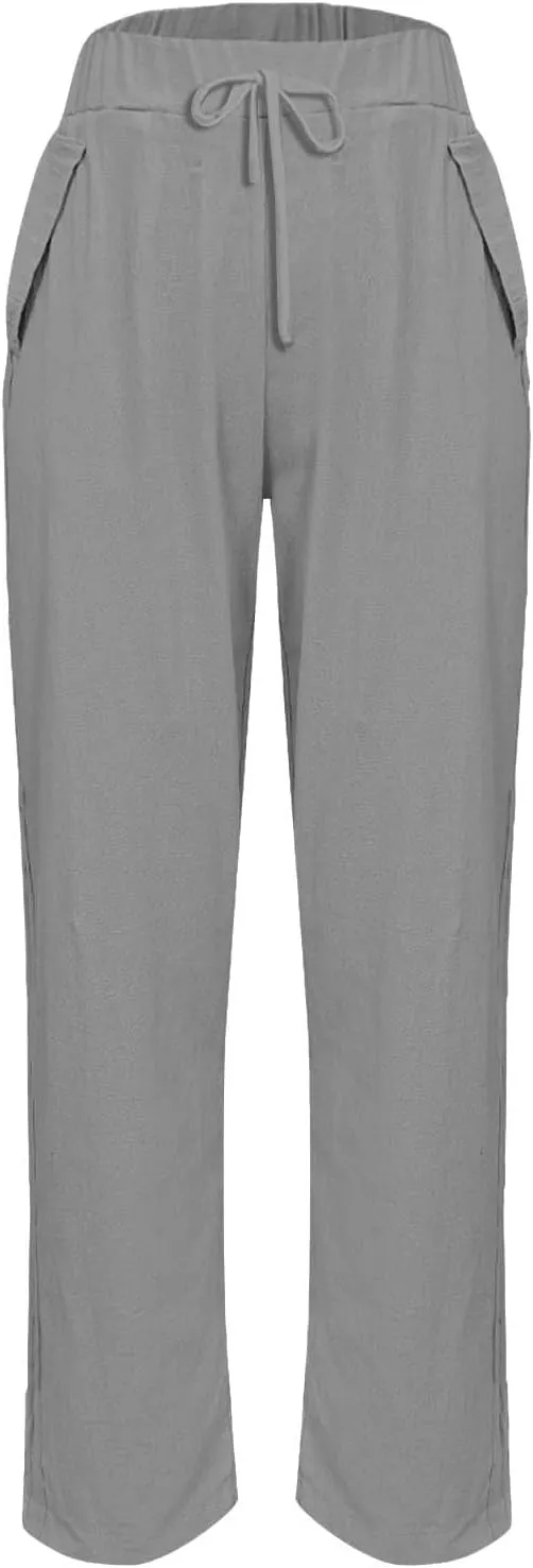 Women's Linen Pants Casual Side Button Linen Beach Pants Women Elastic Waisted Linen Pant Trousers with Pockets