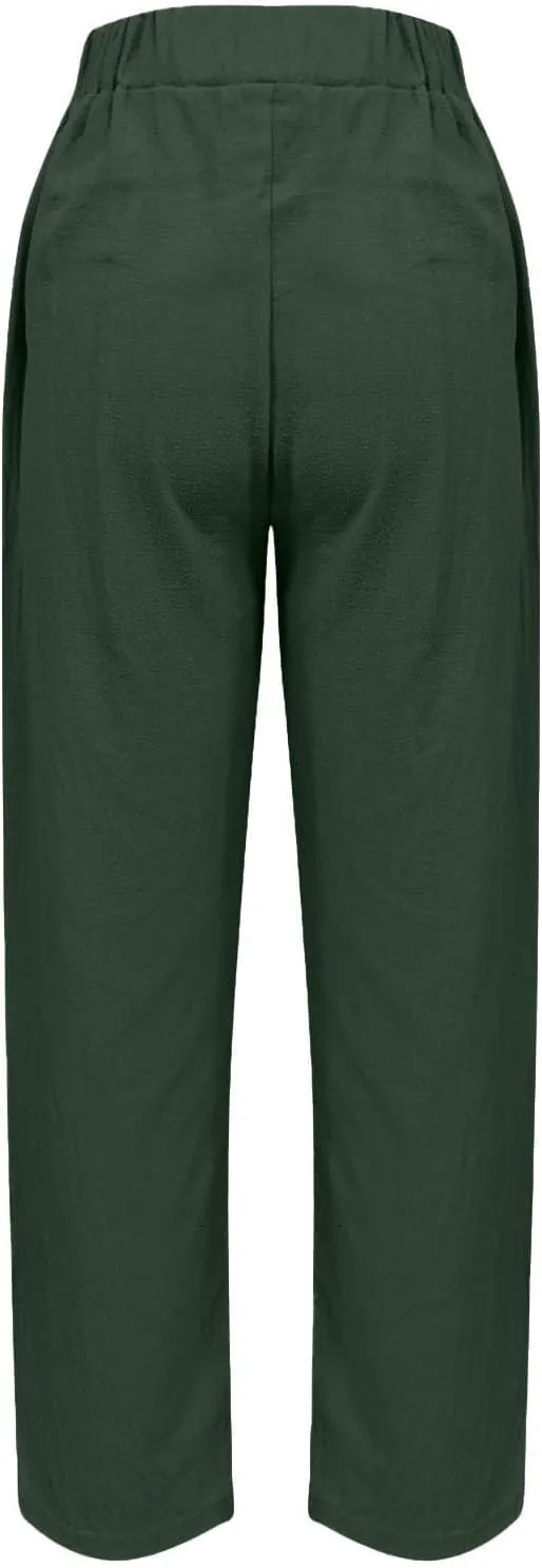 Women's Linen Pants Casual Side Button Linen Beach Pants Women Elastic Waisted Linen Pant Trousers with Pockets