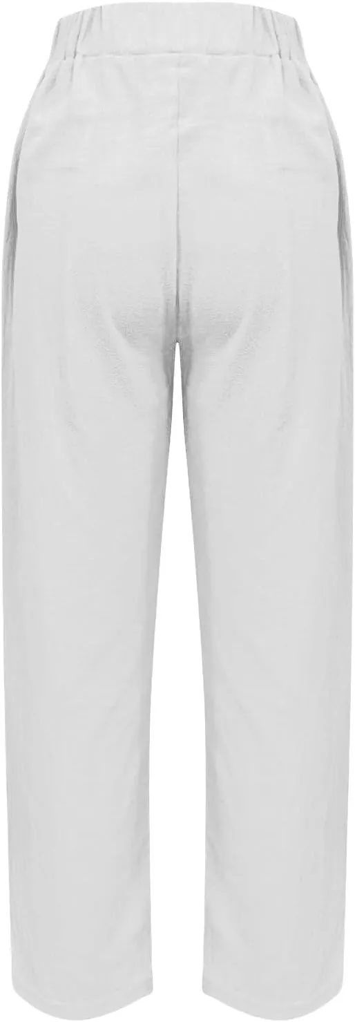 Women's Linen Pants Casual Side Button Linen Beach Pants Women Elastic Waisted Linen Pant Trousers with Pockets