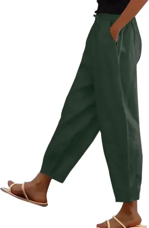 Women's Linen Pants Casual Side Button Linen Beach Pants Women Elastic Waisted Linen Pant Trousers with Pockets