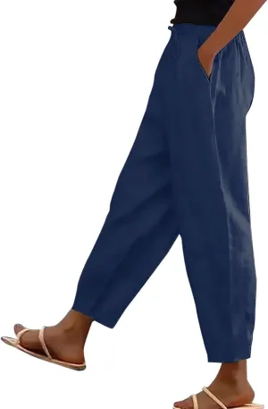 Women's Linen Pants Casual Side Button Linen Beach Pants Women Elastic Waisted Linen Pant Trousers with Pockets