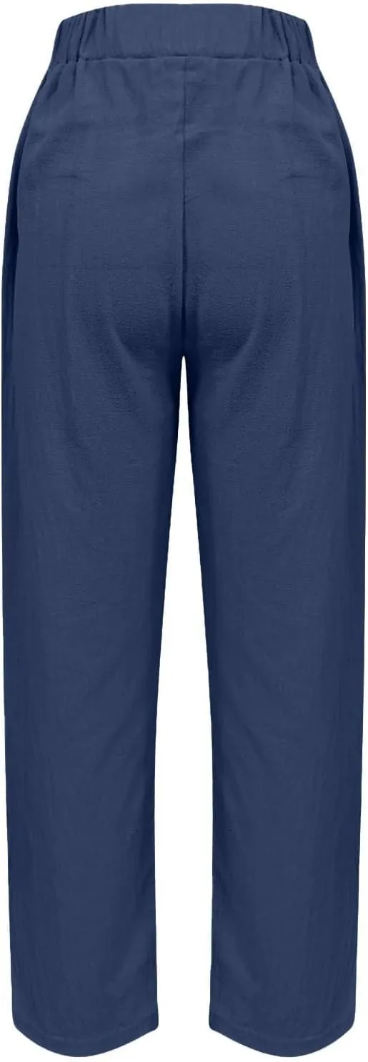 Women's Linen Pants Casual Side Button Linen Beach Pants Women Elastic Waisted Linen Pant Trousers with Pockets