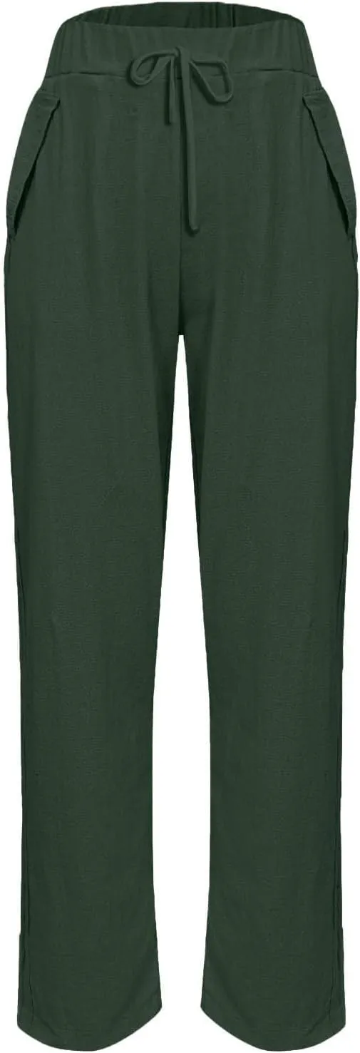 Women's Linen Pants Casual Side Button Linen Beach Pants Women Elastic Waisted Linen Pant Trousers with Pockets