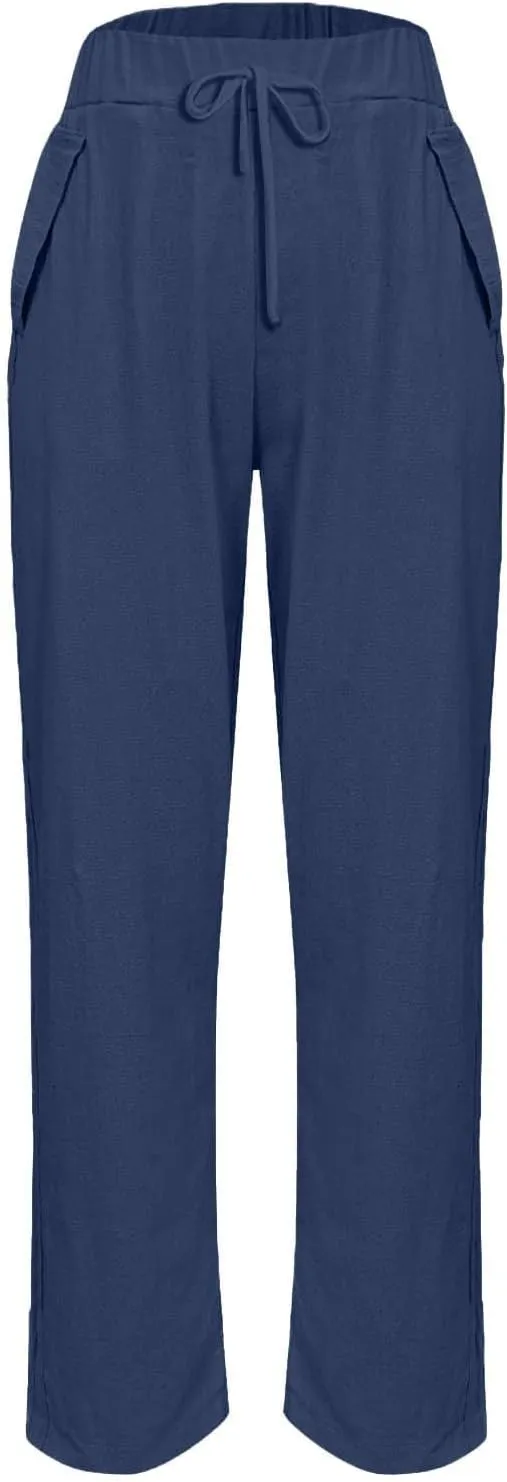 Women's Linen Pants Casual Side Button Linen Beach Pants Women Elastic Waisted Linen Pant Trousers with Pockets