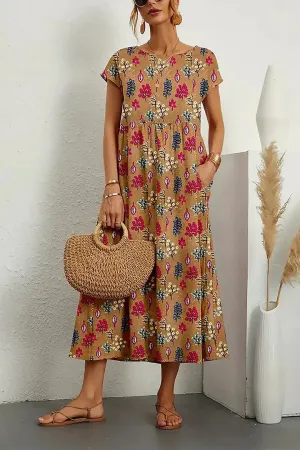 Women's Maxi Dress - Floral Print - Short Sleeve - Empire Waist - Flowy Lightweight Fit