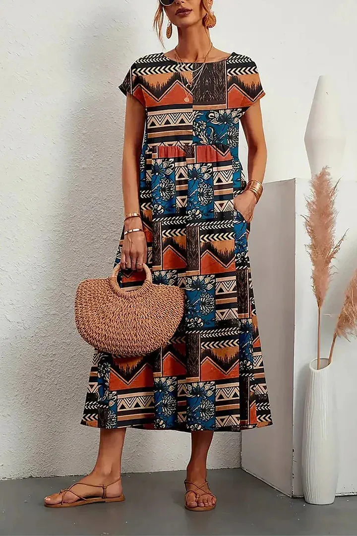 Women's Maxi Dress - Floral Print - Short Sleeve - Empire Waist - Flowy Lightweight Fit