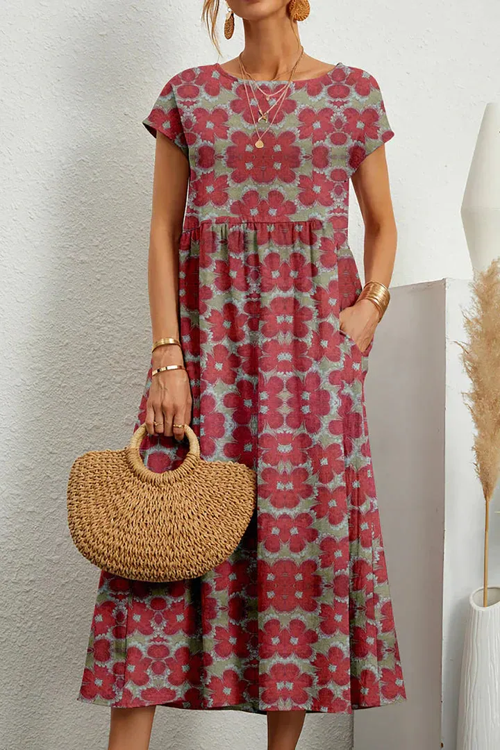 Women's Maxi Dress - Floral Print - Short Sleeve - Empire Waist - Flowy Lightweight Fit