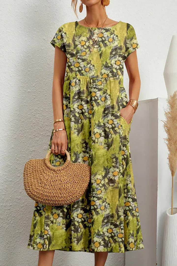 Women's Maxi Dress - Floral Print - Short Sleeve - Empire Waist - Flowy Lightweight Fit