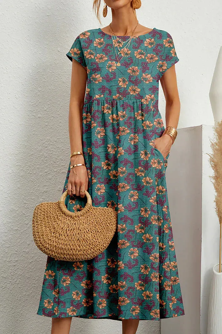 Women's Maxi Dress - Floral Print - Short Sleeve - Empire Waist - Flowy Lightweight Fit