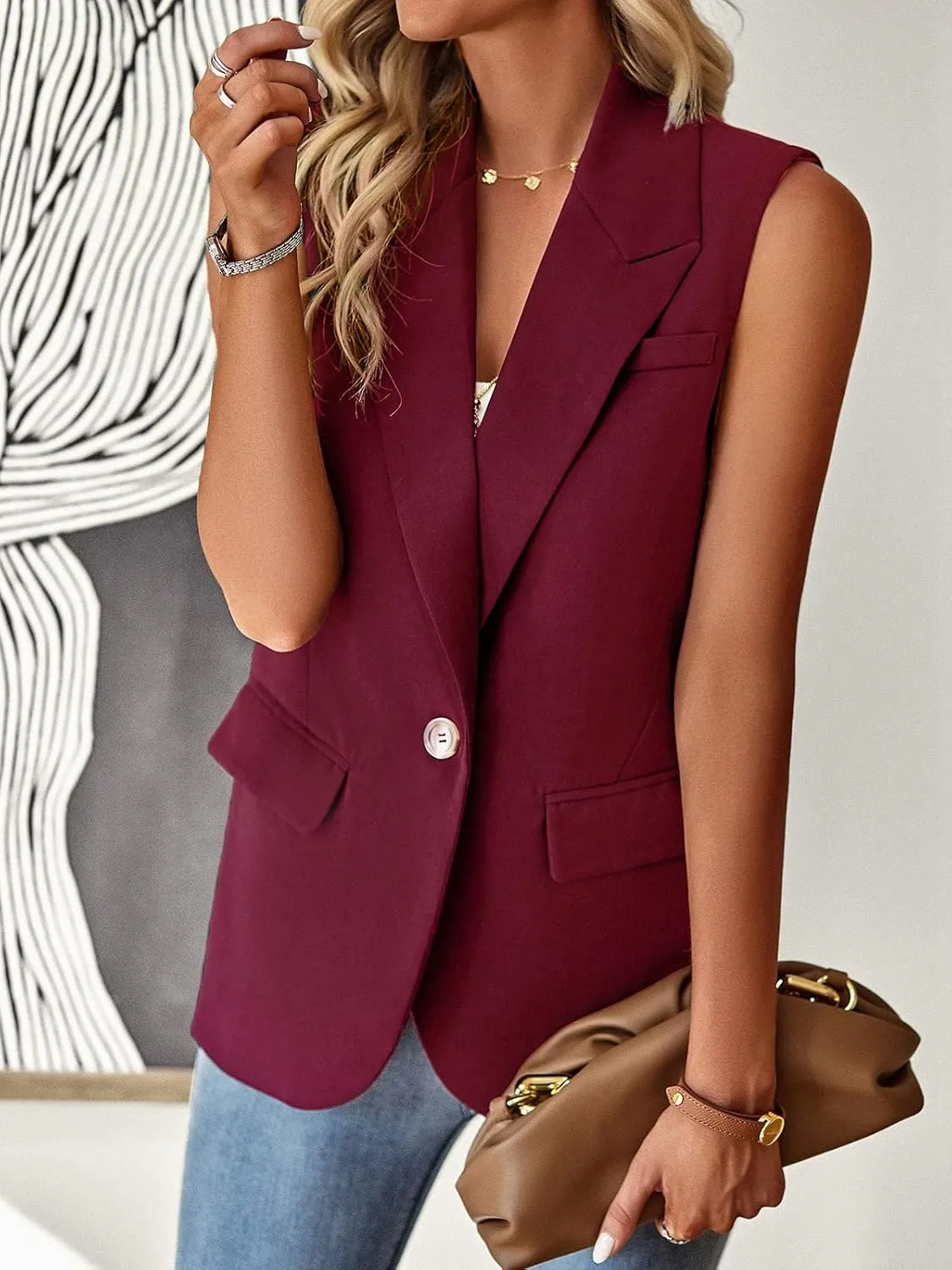 Womens Sleeveless Blazer Vest Open Front Lightweight Casual Blazer Fashion Work Office Waistcoat Vest with Pockets