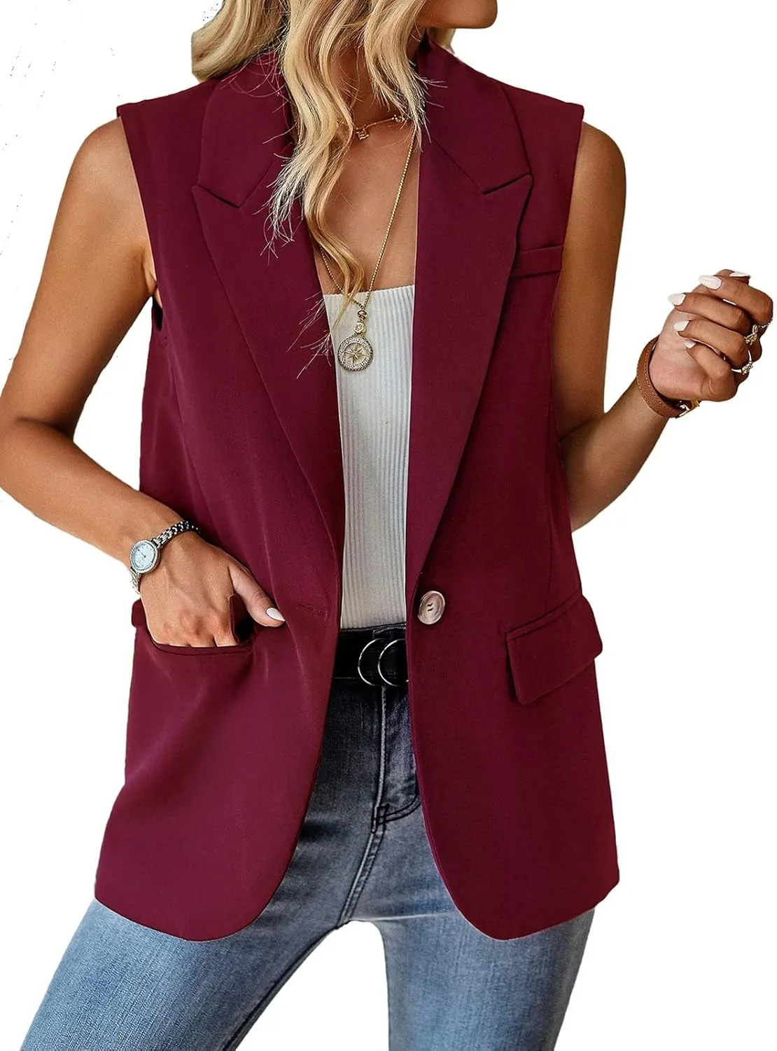Womens Sleeveless Blazer Vest Open Front Lightweight Casual Blazer Fashion Work Office Waistcoat Vest with Pockets
