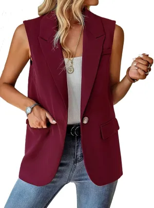 Womens Sleeveless Blazer Vest Open Front Lightweight Casual Blazer Fashion Work Office Waistcoat Vest with Pockets
