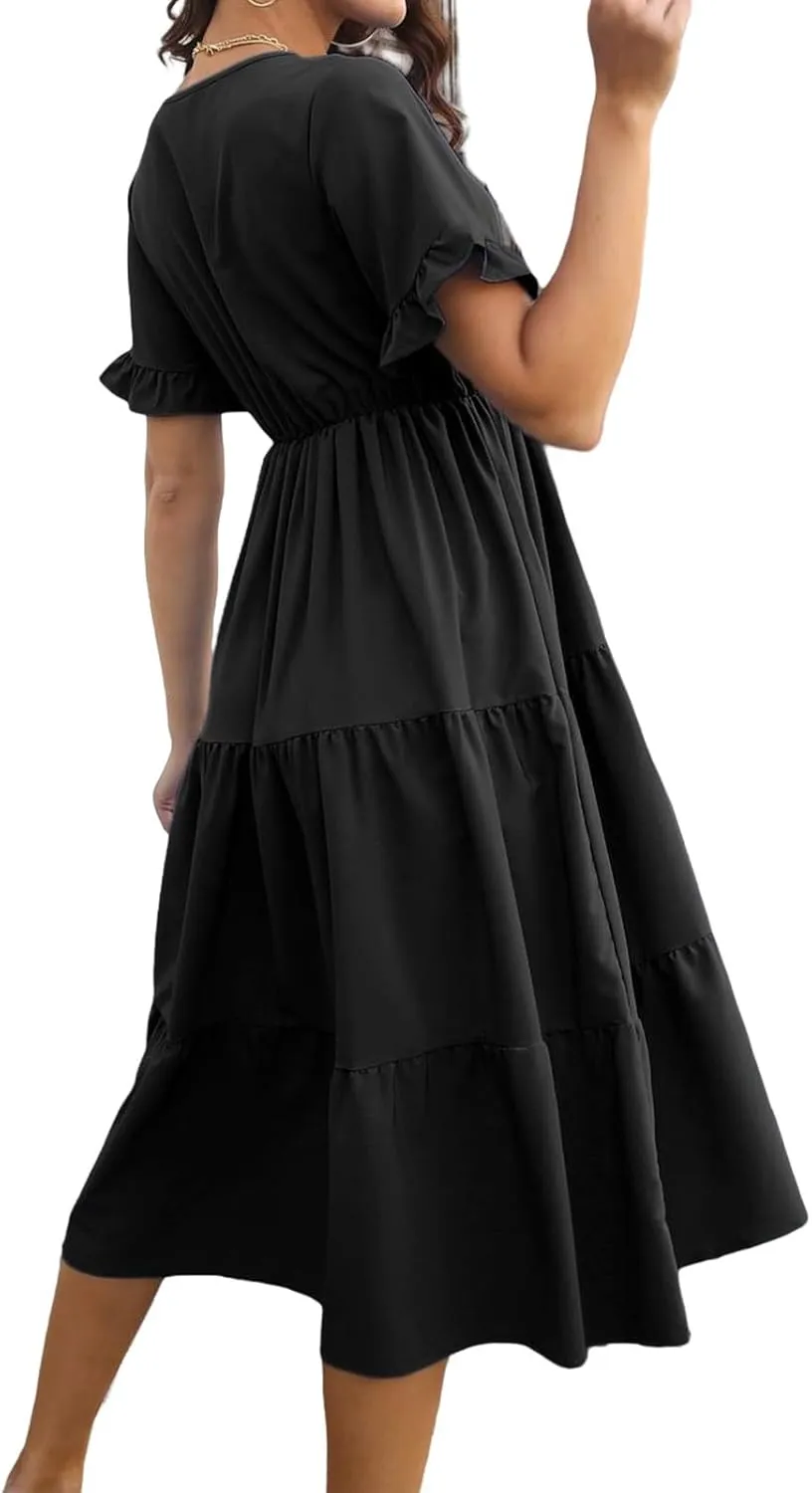 Women's Summer Dresses Casual V Neck Ruffle Short Sleeve Midi Dress Trendy Loose Fit Tunic Ruffle Hem Beach Sundress