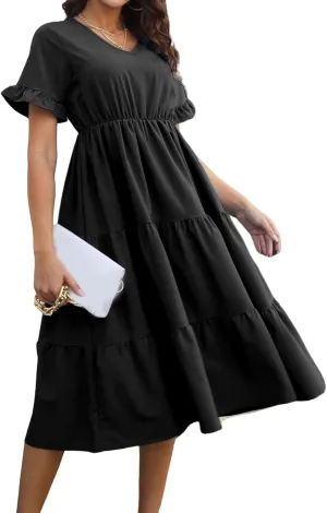 Women's Summer Dresses Casual V Neck Ruffle Short Sleeve Midi Dress Trendy Loose Fit Tunic Ruffle Hem Beach Sundress