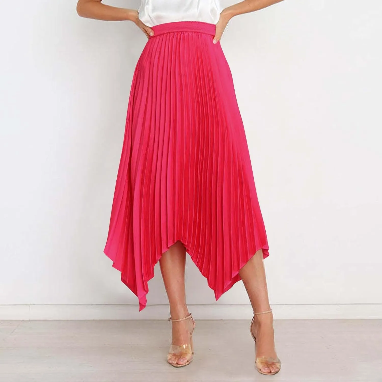 Women's Summer Skirt Solid Color High Waist Pleated A Line Swing Skirts Casual Fashion Irregular Hem Swing Skorts