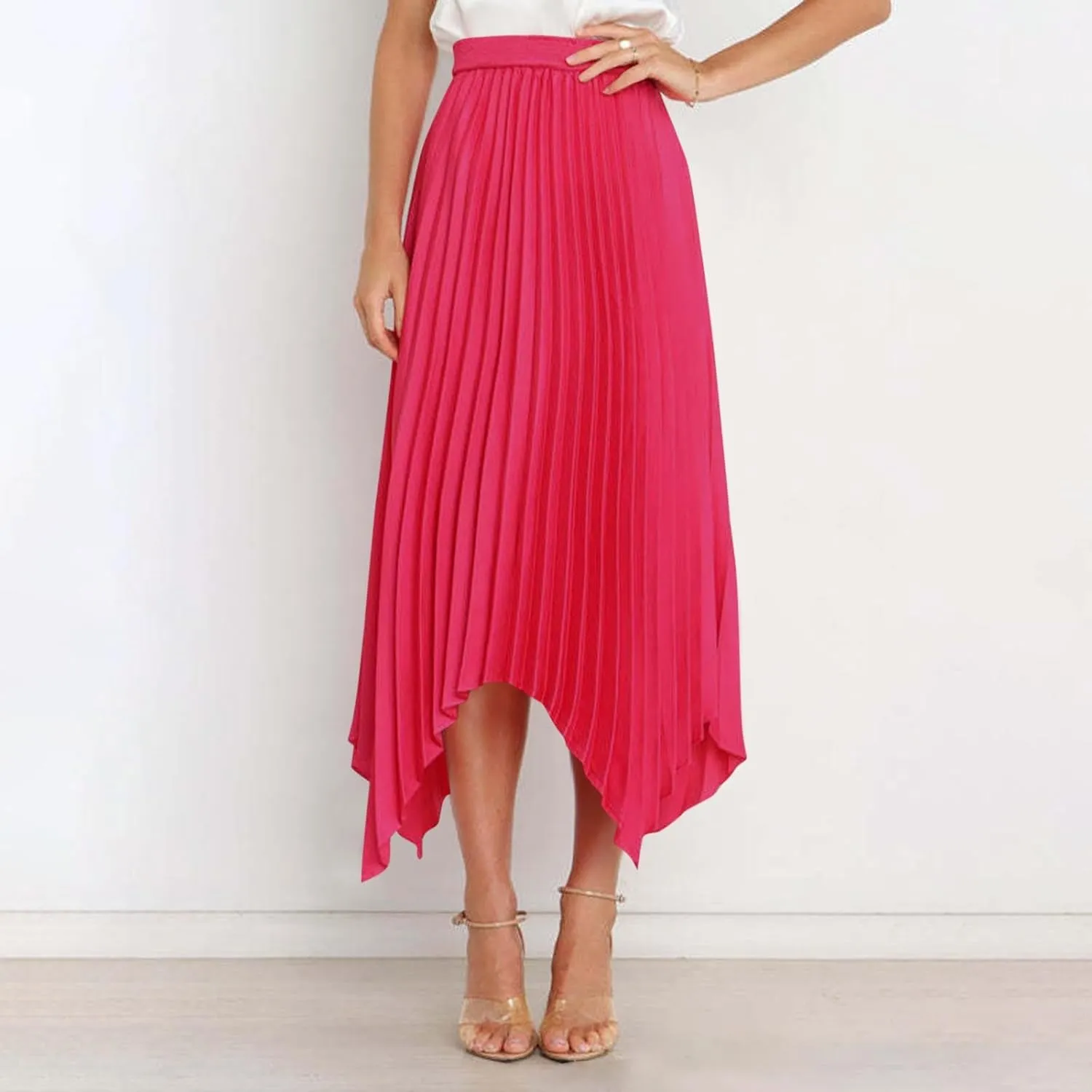 Women's Summer Skirt Solid Color High Waist Pleated A Line Swing Skirts Casual Fashion Irregular Hem Swing Skorts
