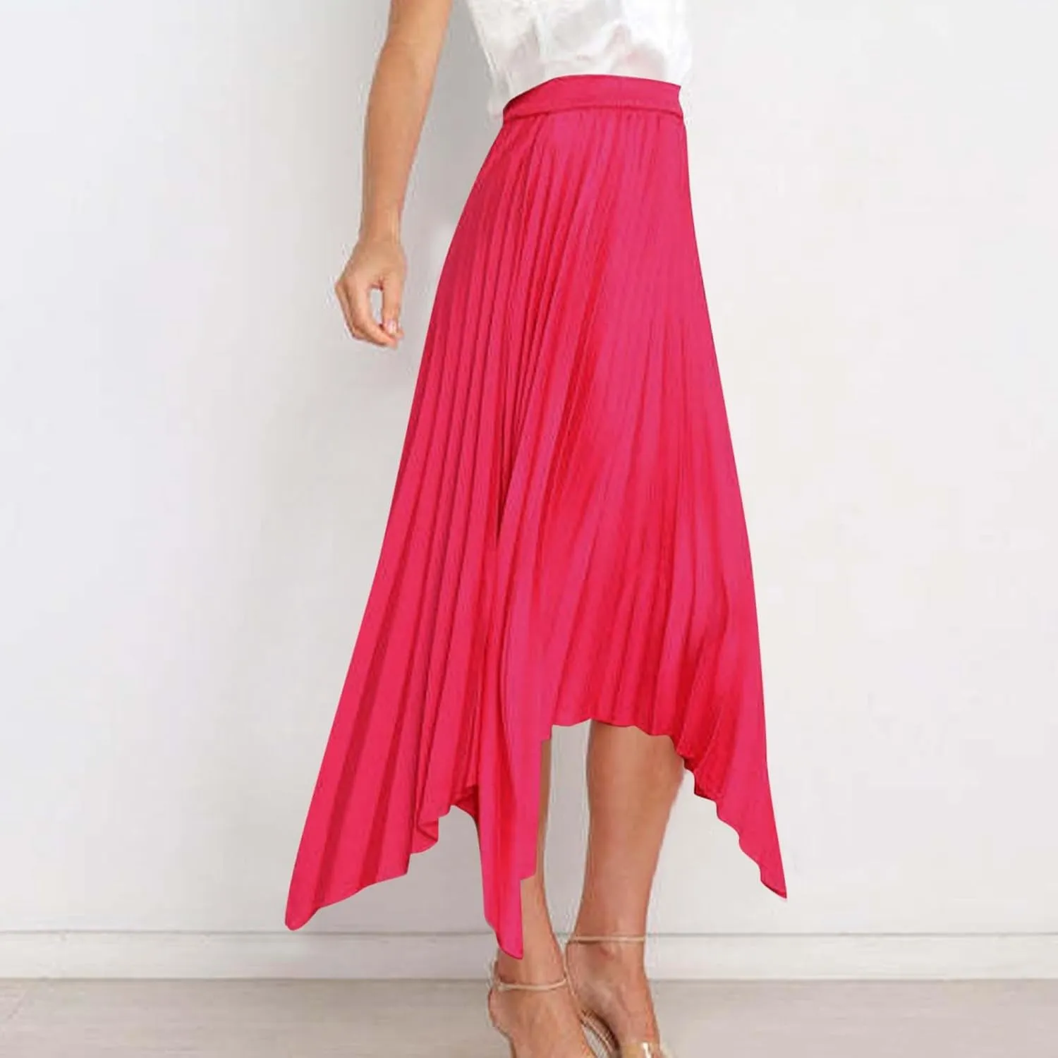 Women's Summer Skirt Solid Color High Waist Pleated A Line Swing Skirts Casual Fashion Irregular Hem Swing Skorts