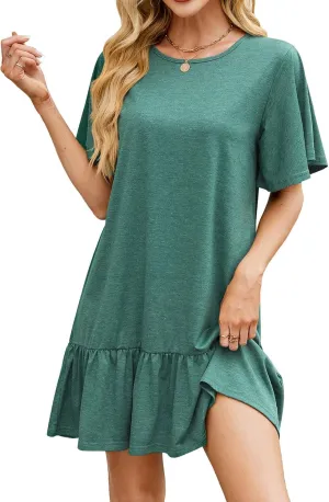 Womens Summer T Shirt Dress Ruffle Hem Casual Short Sleeve Crewneck Dresses Loose Fit Vacation Mini Dresses