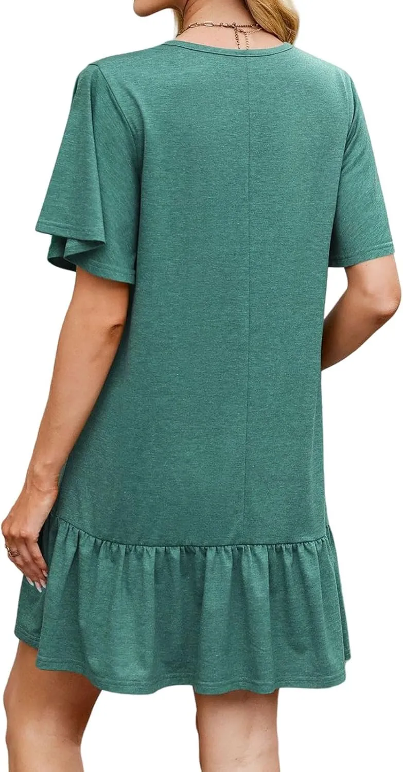 Womens Summer T Shirt Dress Ruffle Hem Casual Short Sleeve Crewneck Dresses Loose Fit Vacation Mini Dresses