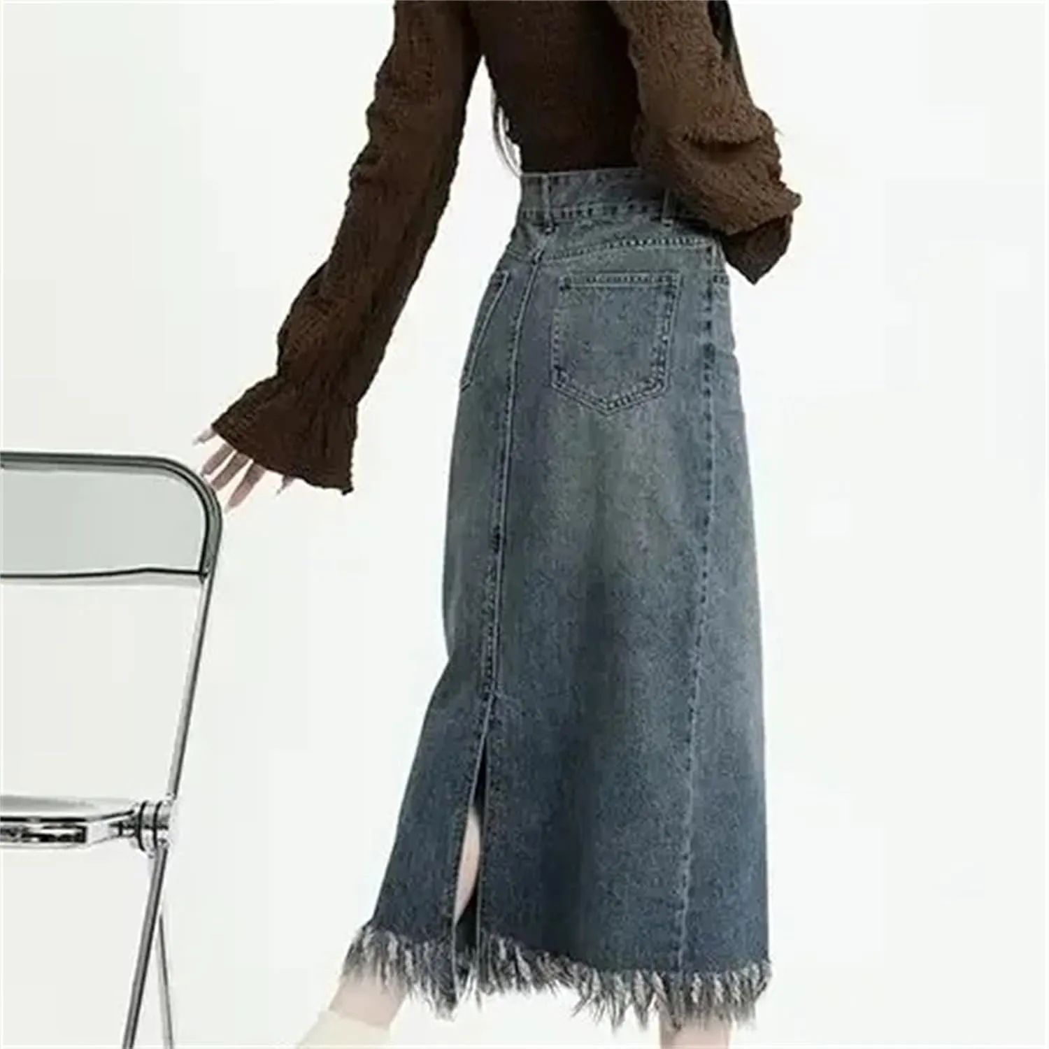 Women's Vintage High-Waisted Fringed Denim Skirt  Slimming Petite Fit Side Slit Trendy A-Line Summer Casual Skirt