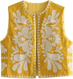 Wyeysyt Women's Vintage Embroidered Vest Boho Open Front cropped Vests top Sleeveless Floral Cardigan 2024