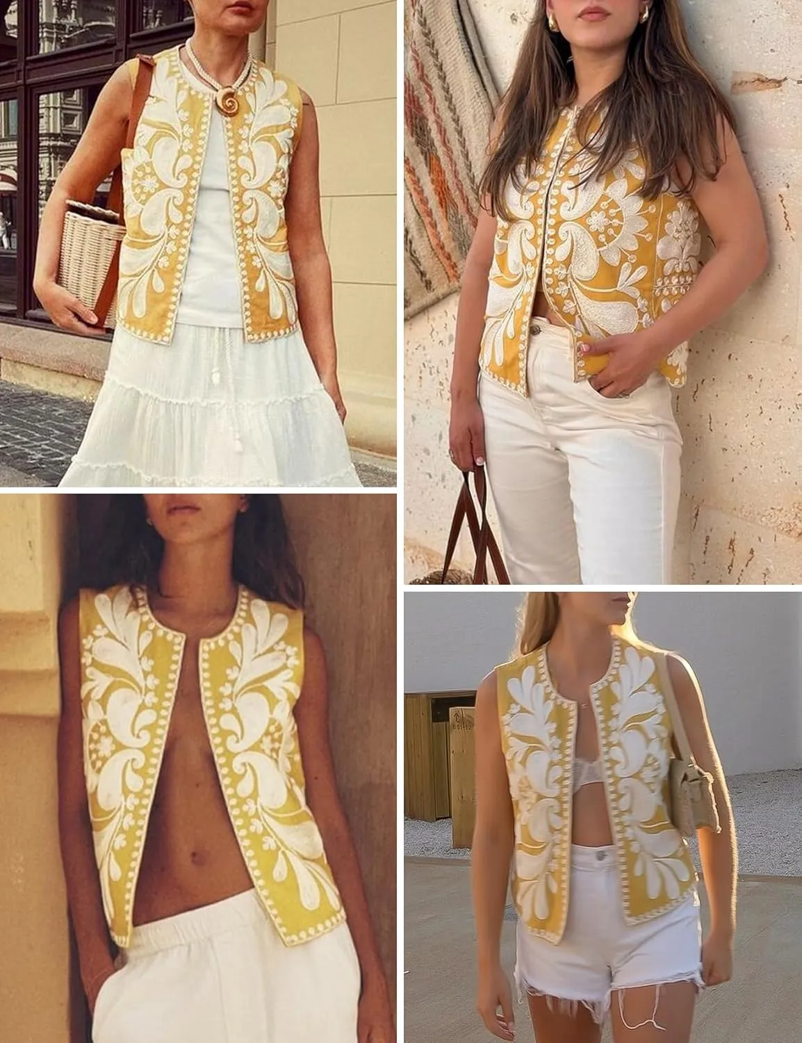 Wyeysyt Women's Vintage Embroidered Vest Boho Open Front cropped Vests top Sleeveless Floral Cardigan 2024