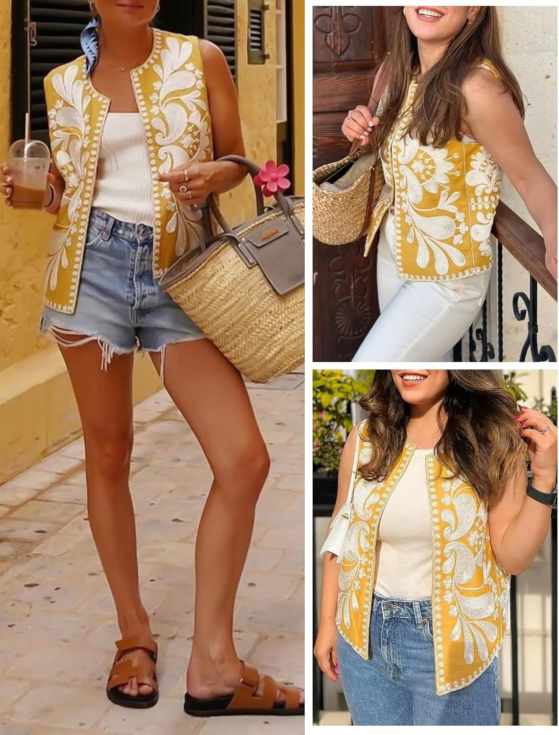 Wyeysyt Women's Vintage Embroidered Vest Boho Open Front cropped Vests top Sleeveless Floral Cardigan 2024