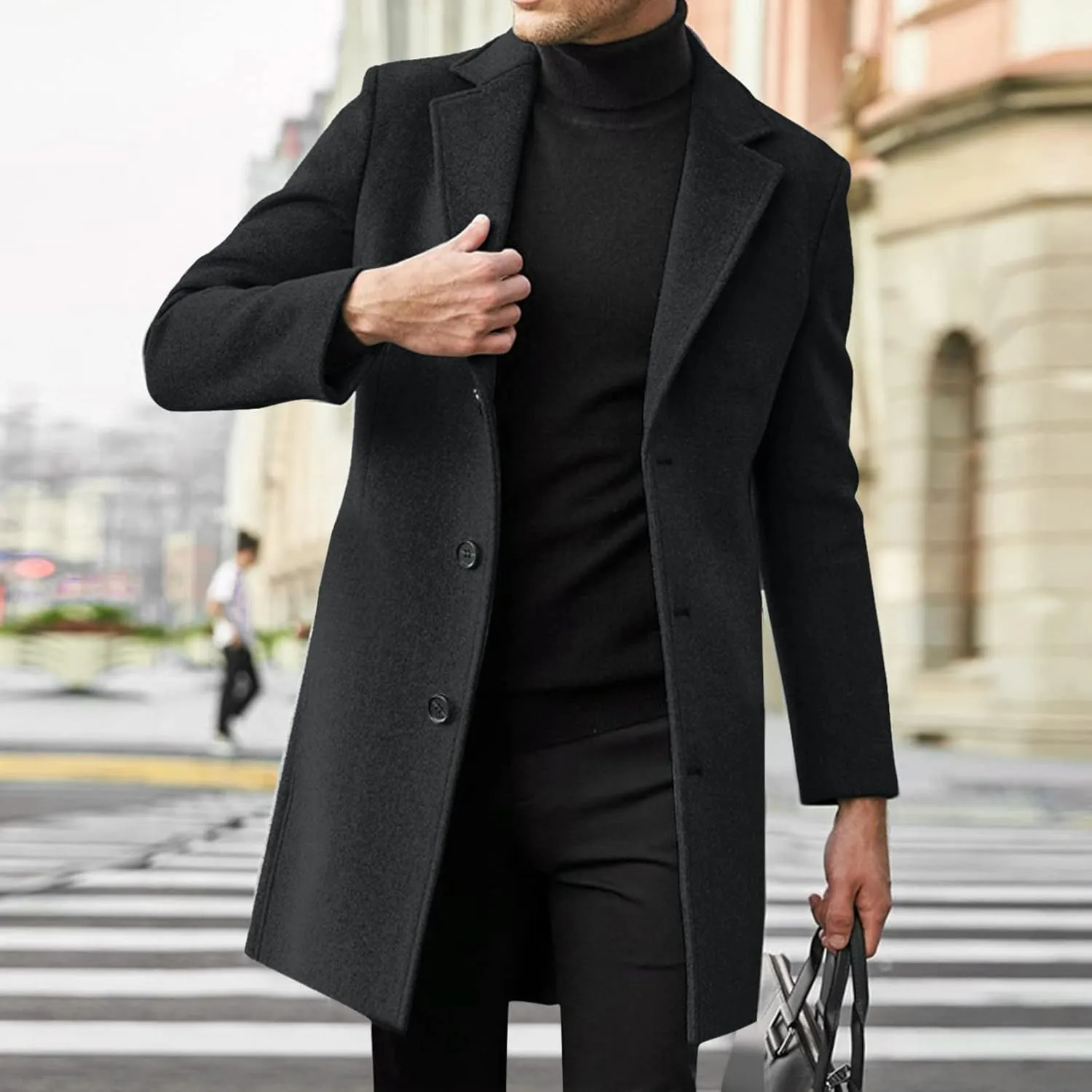 ZYXTIM Men's Casual Trench Coat Wool Blend Pea Coat Notched Collar Single Breasted Warm Winter Long Jacket Oversize Overcoat