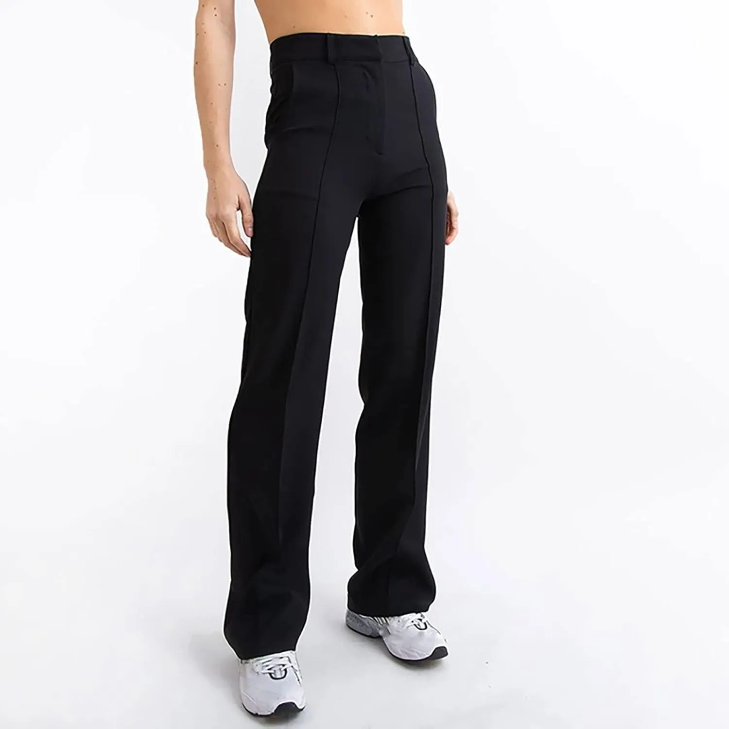 ZYXTIM Women's High Waist Straight Pants Flat Front Smart Work Trousers Zipper Fly Business Casual Trouser Petite-Plus Size